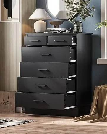Black 6-Drawer Wood Storage Dresser Chest - Omega Lifestyles