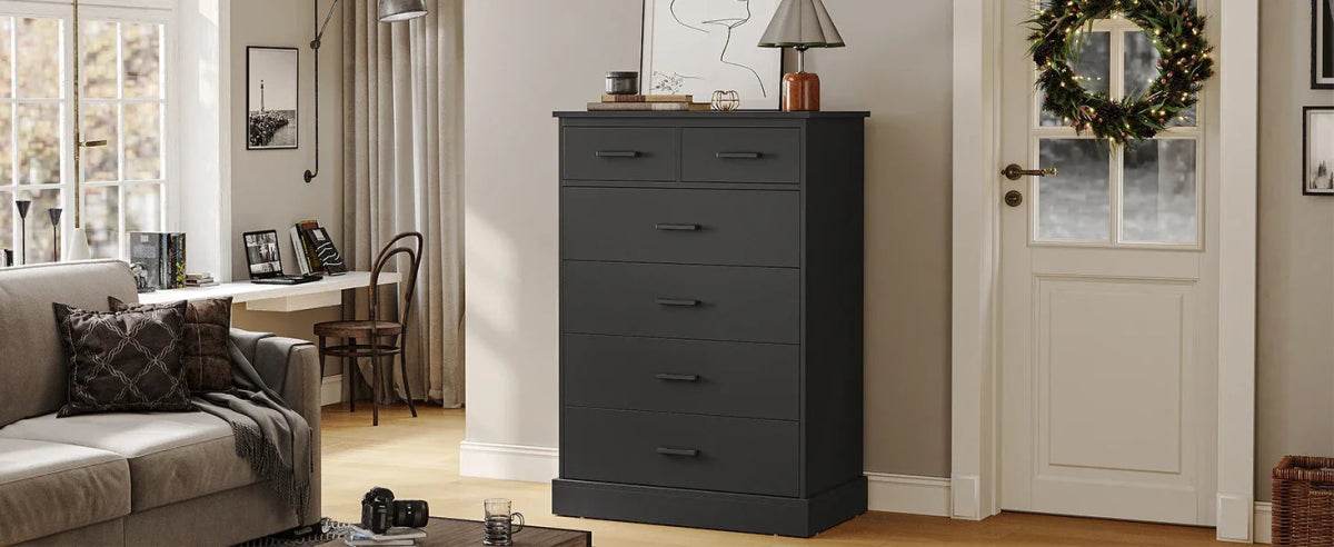 Black 6-Drawer Wood Storage Dresser Chest - Omega Lifestyles