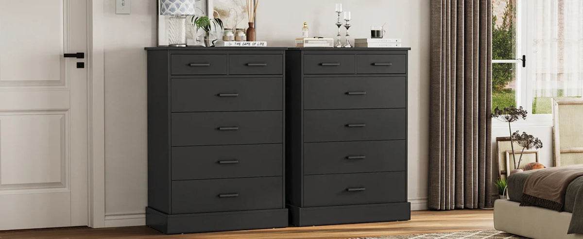 Black 6-Drawer Wood Storage Dresser Chest - Omega Lifestyles
