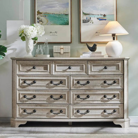 Farmhouse Rustic 9-Drawer Engineered Wood Dresser - Omega Lifestyles