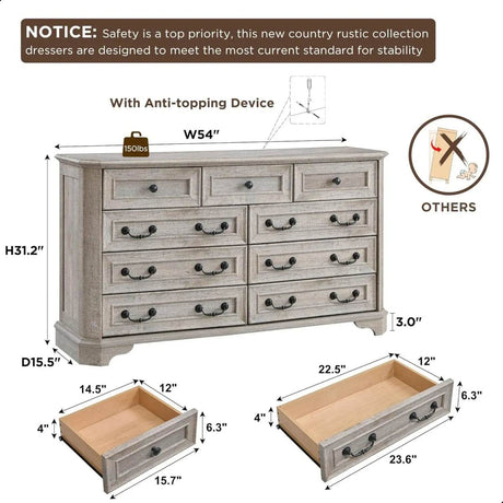 Farmhouse Rustic 9-Drawer Engineered Wood Dresser - Omega Lifestyles
