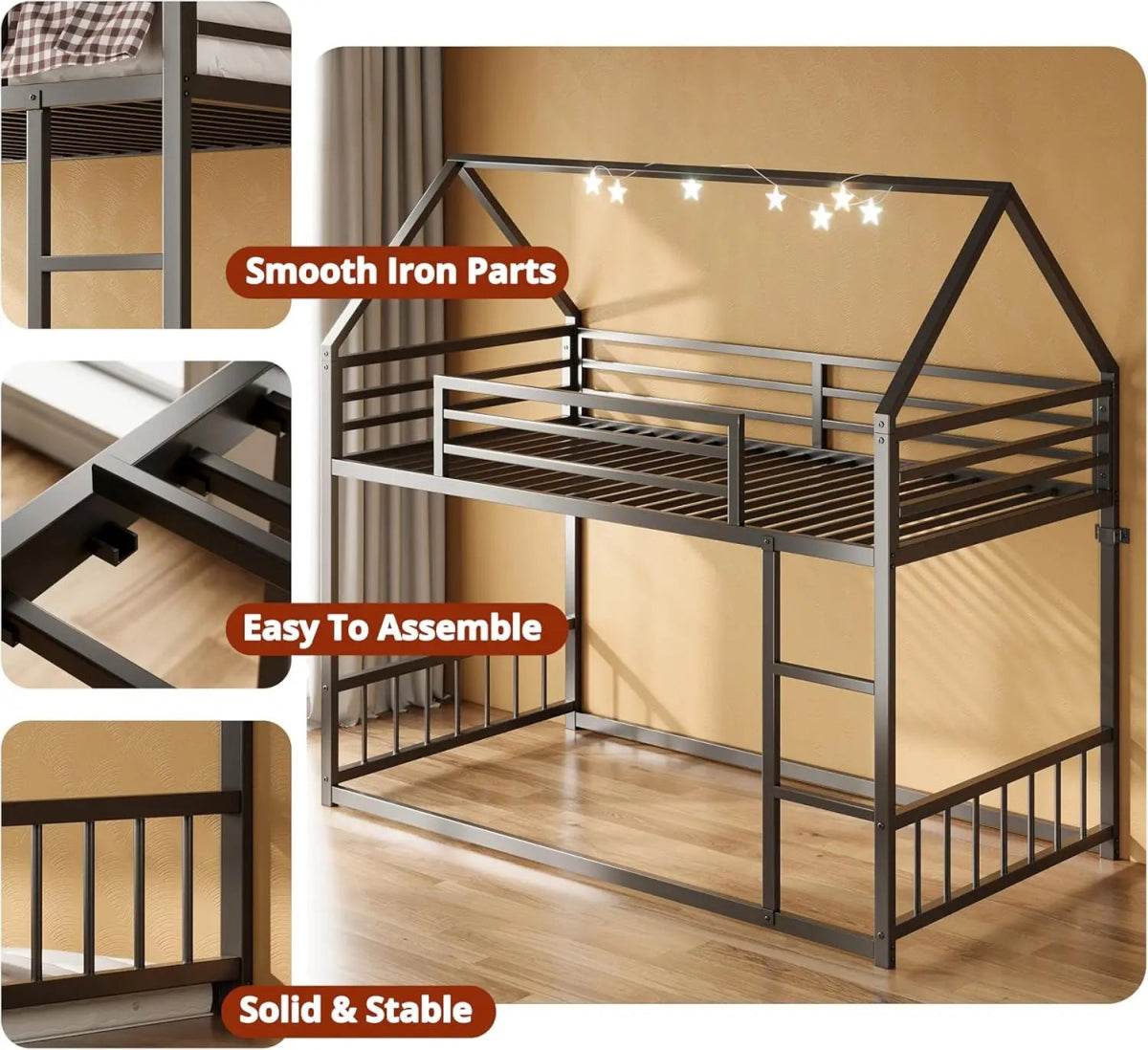 House-Shaped Twin Over Twin Metal Bunk Bed Frame - Omega Lifestyles