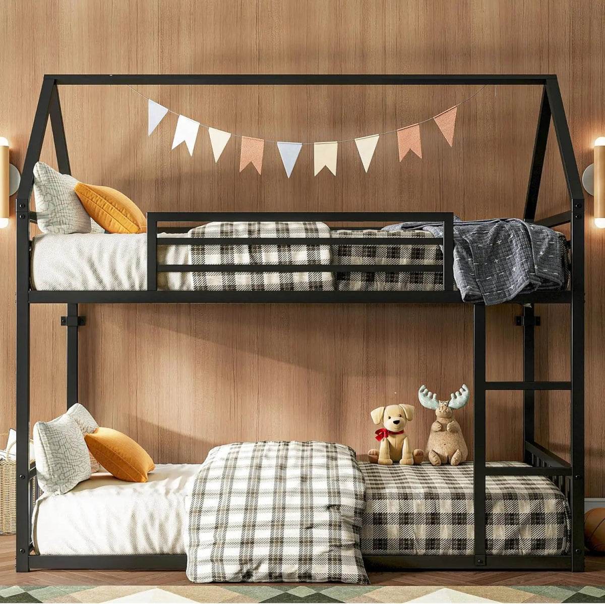 House-Shaped Twin Over Twin Metal Bunk Bed Frame - Omega Lifestyles