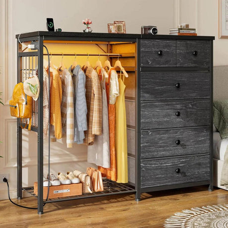 Modern 6-Drawer White Dresser With Hanging Rack And LED Lights - Omega Lifestyles