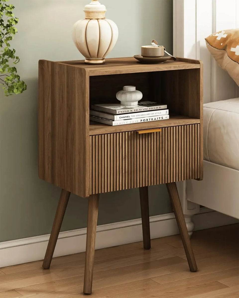 Modern Walnut Brown Engineered Wood Nightstand Table - Omega Lifestyles
