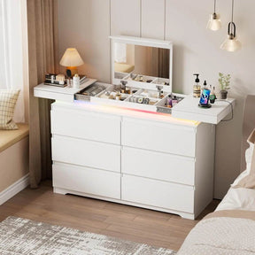 Modern White 6-Drawer Dresser With Mirror Charging Station - Omega Lifestyles