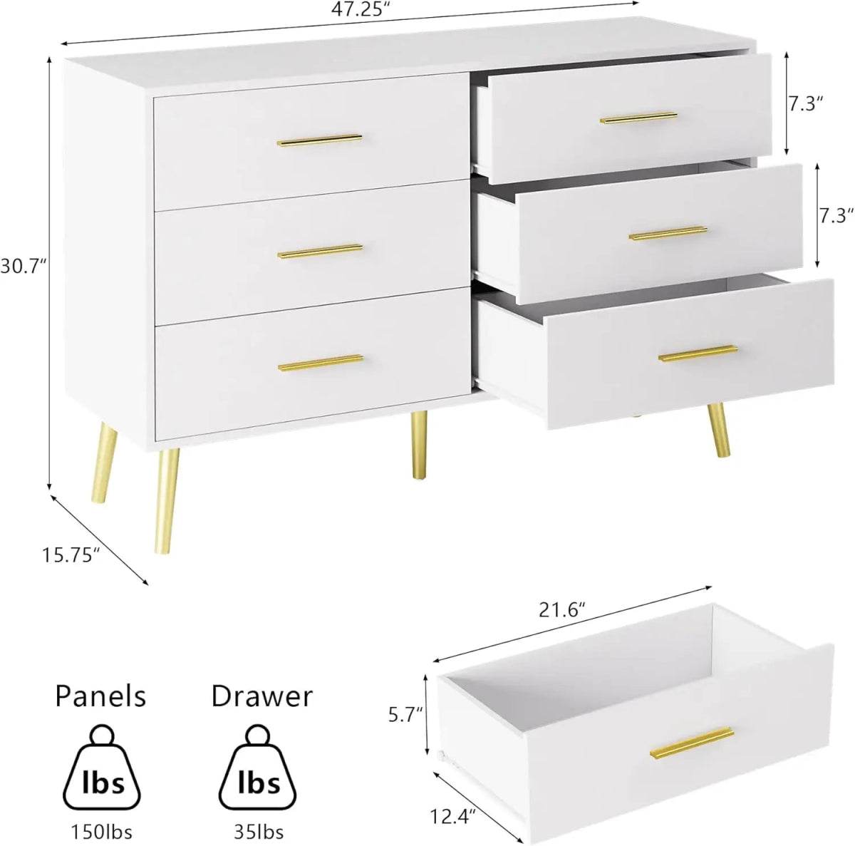 Modern White 6-Drawer Engineered Wood Dresser - Omega Lifestyles