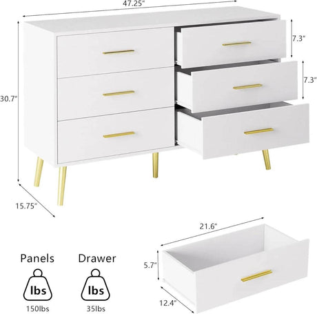 Modern White 6-Drawer Engineered Wood Dresser - Omega Lifestyles