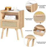 Rattan Wood Nightstand With Drawer Open Shelf - Omega Lifestyles