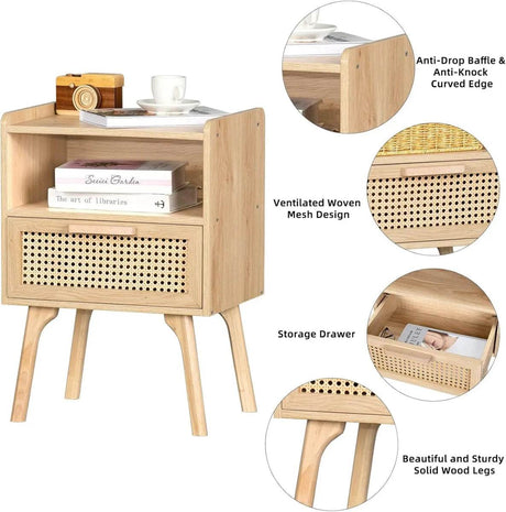 Rattan Wood Nightstand With Drawer Open Shelf - Omega Lifestyles