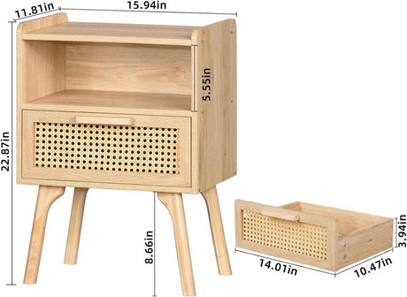 Rattan Wood Nightstand With Drawer Open Shelf - Omega Lifestyles