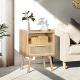 Rattan Wood Nightstand With Drawer Open Shelf - Omega Lifestyles