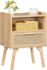 Rattan Wood Nightstand With Drawer Open Shelf - Omega Lifestyles