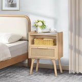 Rattan Wood Nightstand With Drawer Open Shelf - Omega Lifestyles