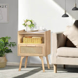 Rattan Wood Nightstand With Drawer Open Shelf - Omega Lifestyles
