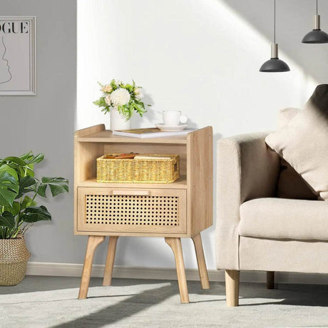 Rattan Wood Nightstand With Drawer Open Shelf - Omega Lifestyles