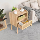 Rattan Wood Nightstand With Drawer Open Shelf - Omega Lifestyles
