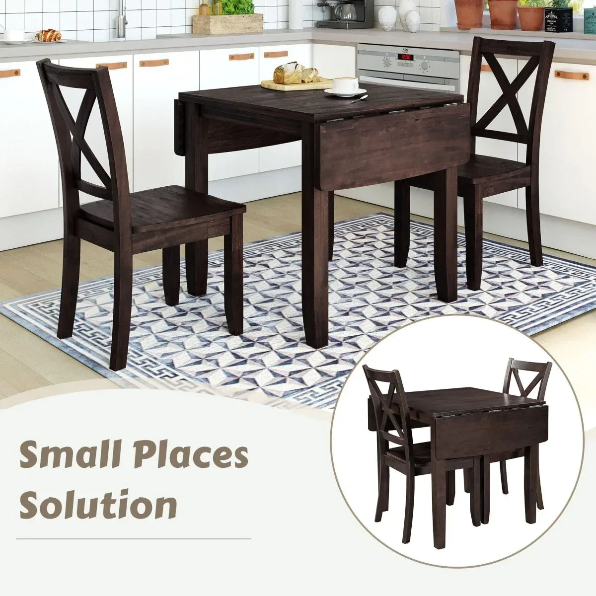 3-Piece Solid Wood Drop Leaf Breakfast Nook Dining Set - Omega Lifestyles