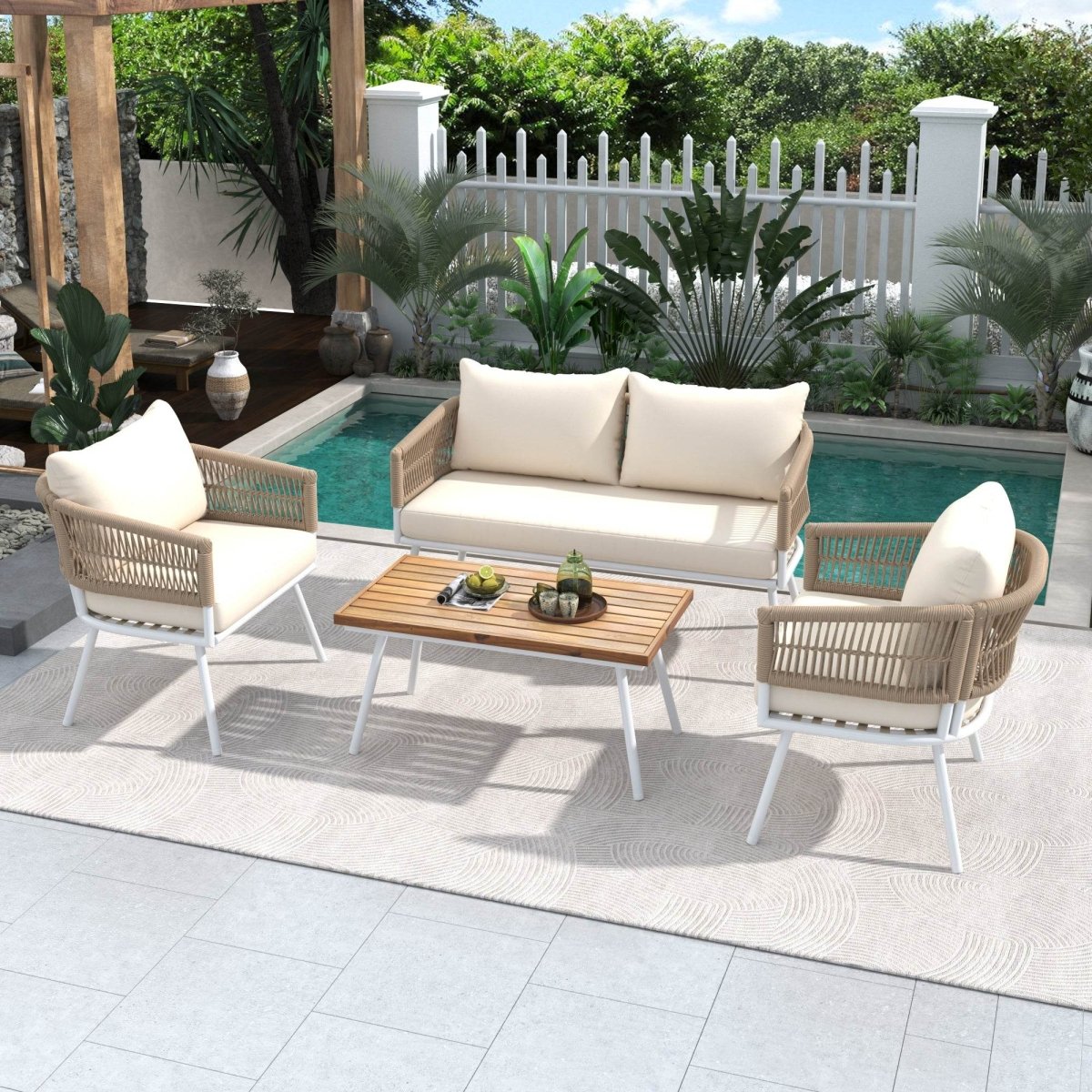 4 - Piece Boho Rope Patio Furniture Set With Acacia Table - Zenvia - Omega Lifestyles