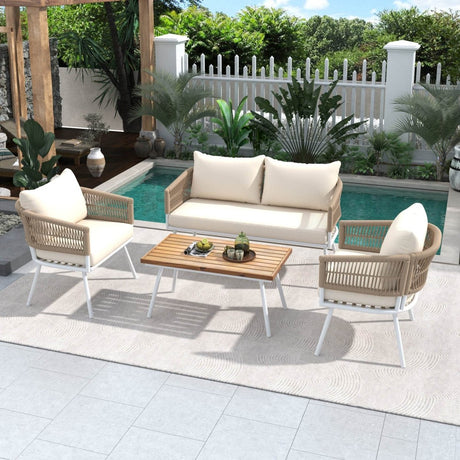 4 - Piece Boho Rope Patio Furniture Set With Acacia Table - Zenvia - Omega Lifestyles