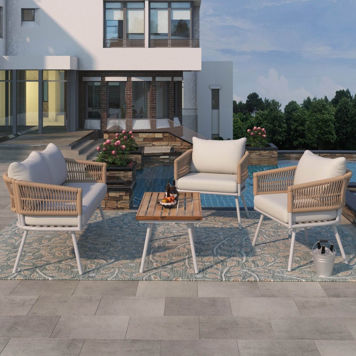 4 - Piece Boho Rope Patio Furniture Set With Acacia Table - Zenvia - Omega Lifestyles