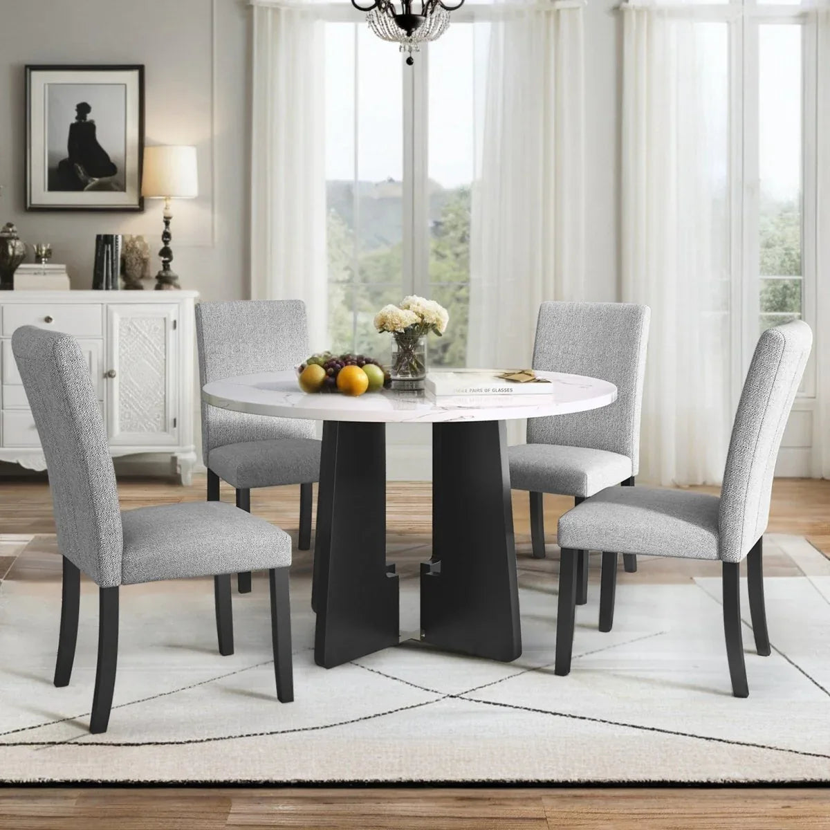 5-Piece Round Solid Wood MDF Dining Table Set With Upholstered Chairs - Omega Lifestyles