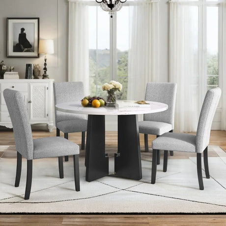 5-Piece Round Solid Wood MDF Dining Table Set With Upholstered Chairs - Omega Lifestyles