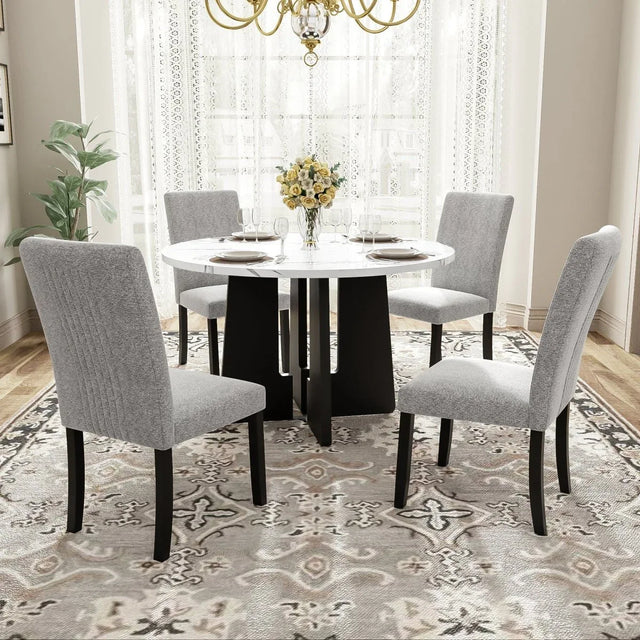 5-Piece Round Solid Wood MDF Dining Table Set With Upholstered Chairs - Omega Lifestyles