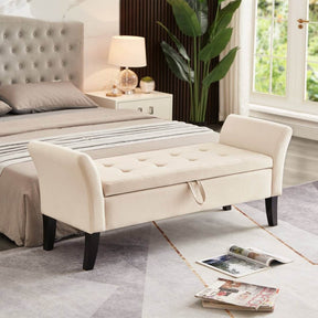 Beige Velvet Storage Bed Bench With Foam Seat - Omega Lifestyles