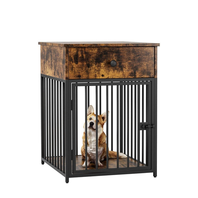 Brown MDF Iron Pet Dog Crate With Drawer Storage - Omega Lifestyles