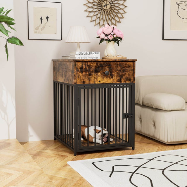 Brown MDF Iron Pet Dog Crate With Drawer Storage - Omega Lifestyles