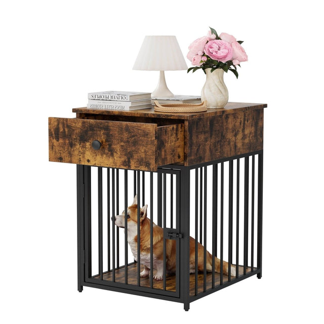 Brown MDF Iron Pet Dog Crate With Drawer Storage - Omega Lifestyles