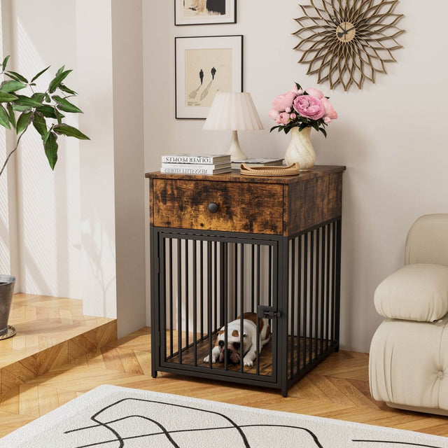 Brown MDF Iron Pet Dog Crate With Drawer Storage - Omega Lifestyles