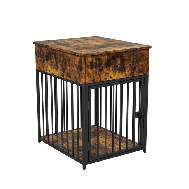 Brown MDF Iron Pet Dog Crate With Drawer Storage - Omega Lifestyles