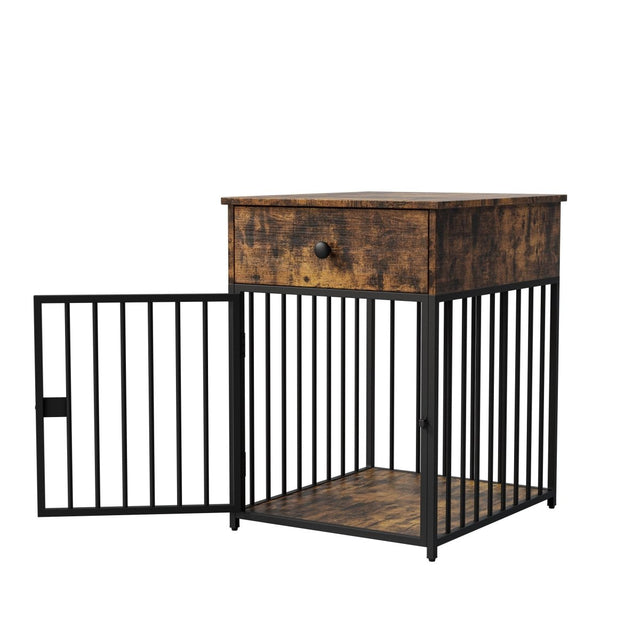 Brown MDF Iron Pet Dog Crate With Drawer Storage - Omega Lifestyles