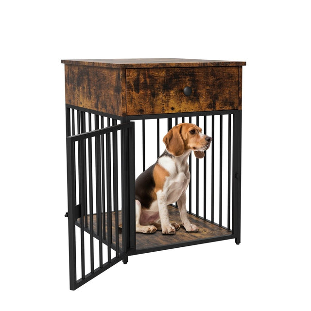 Brown MDF Iron Pet Dog Crate With Drawer Storage - Omega Lifestyles