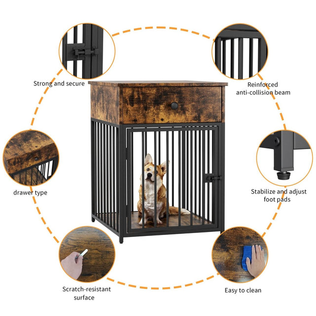Brown MDF Iron Pet Dog Crate With Drawer Storage - Omega Lifestyles