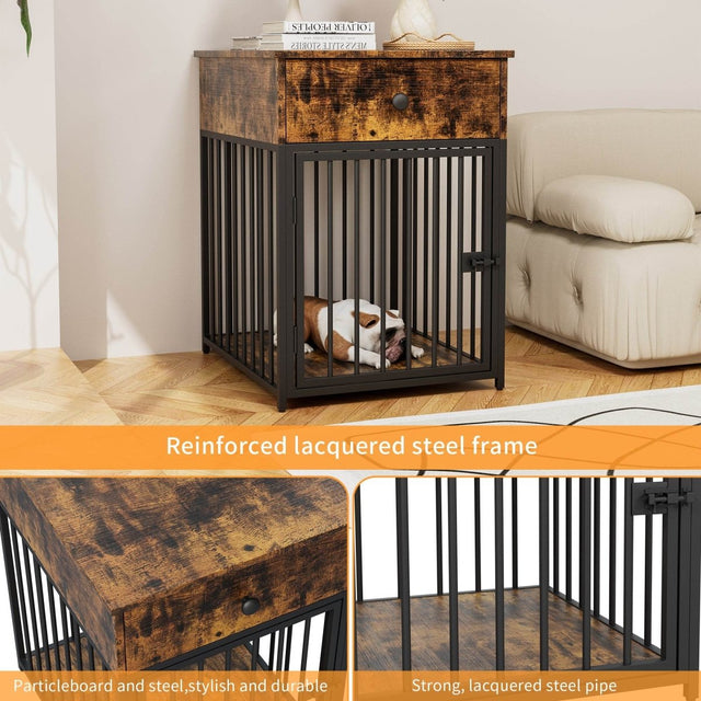 Brown MDF Iron Pet Dog Crate With Drawer Storage - Omega Lifestyles
