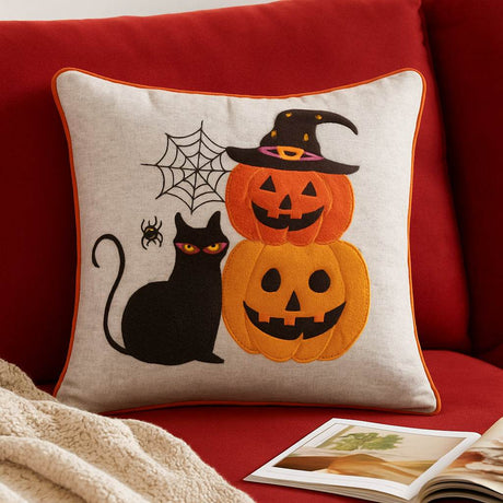 Embroidered Halloween Black Cat Pumpkin Throw Pillow 20 - Inch - Zenvia - Omega Lifestyles