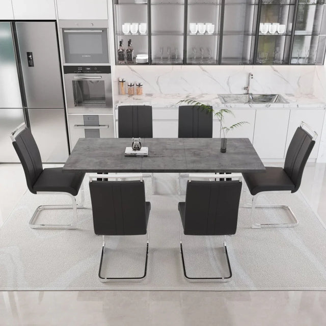 Expandable Grey MDF Dining Table Set With 6 Cushioned Chairs - Omega Lifestyles