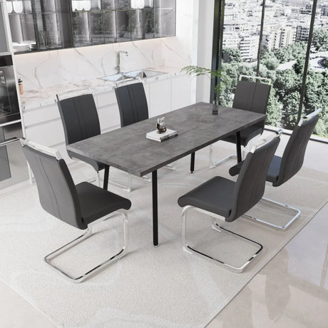 Expandable Grey MDF Dining Table Set With 6 Cushioned Chairs - Omega Lifestyles