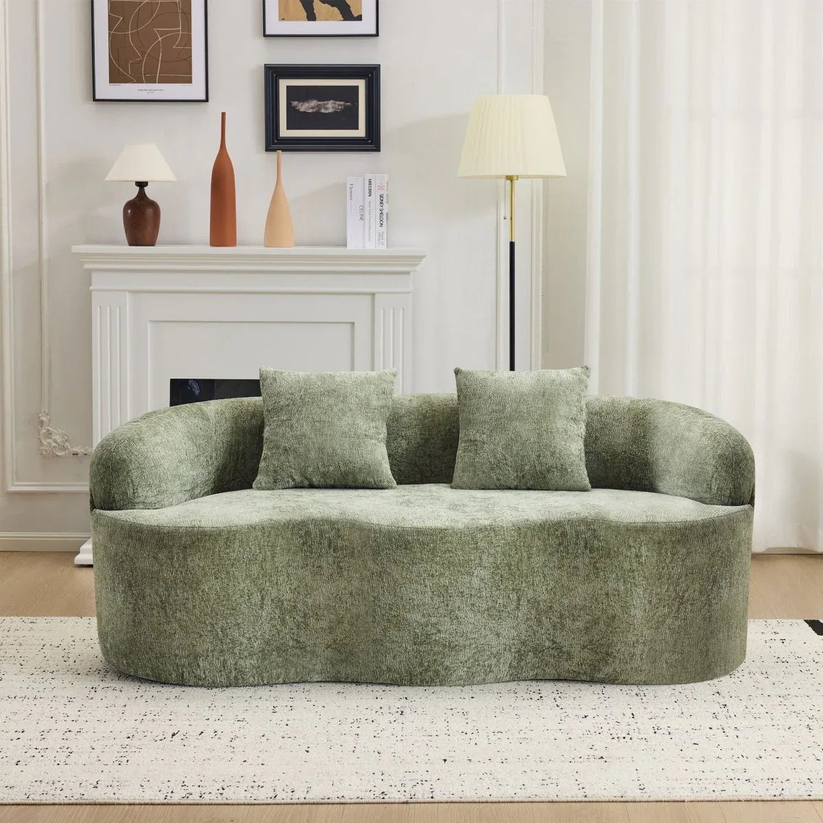 Green Curved Minimalist Foam Spring Loveseat With Pillows - Omega Lifestyles