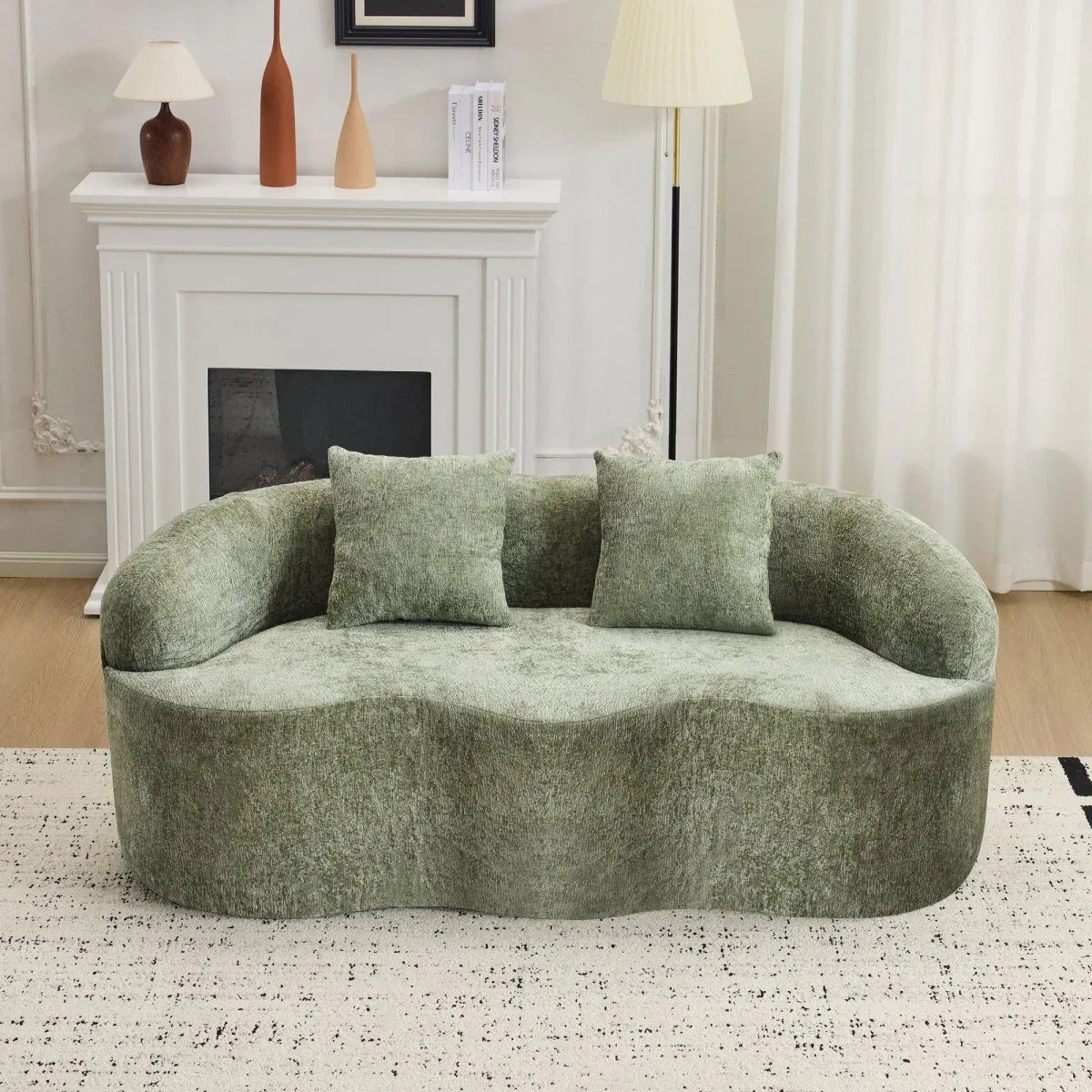 Green Curved Minimalist Foam Spring Loveseat With Pillows - Omega Lifestyles