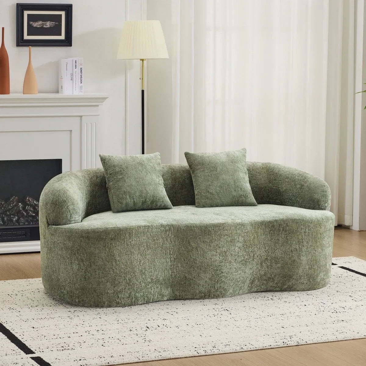 Green Curved Minimalist Foam Spring Loveseat With Pillows - Omega Lifestyles