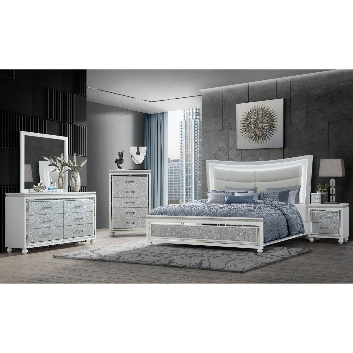 King Contemporary White Panel Bed Frame With Padded Headboard - Zenvia - Omega Lifestyles