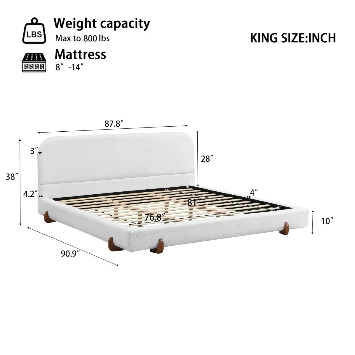 King White Fabric Upholstered Bed Frame With Rubberwood Legs - Omega Lifestyles