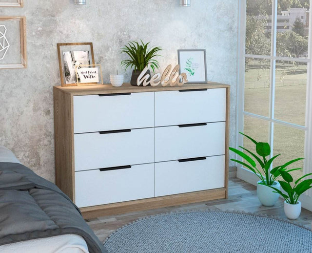 Modern 6-Drawer Pine And White Rectangle Dresser - Omega Lifestyles