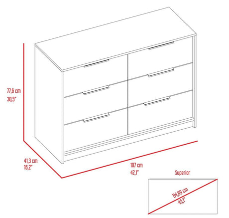 Modern 6-Drawer Pine And White Rectangle Dresser - Omega Lifestyles