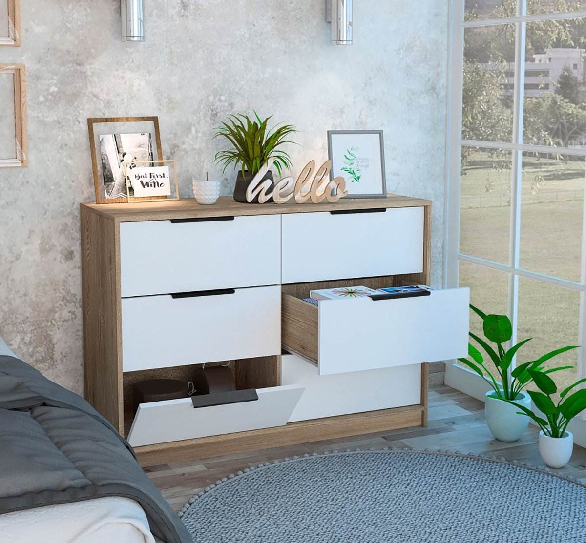 Modern 6-Drawer Pine And White Rectangle Dresser - Omega Lifestyles