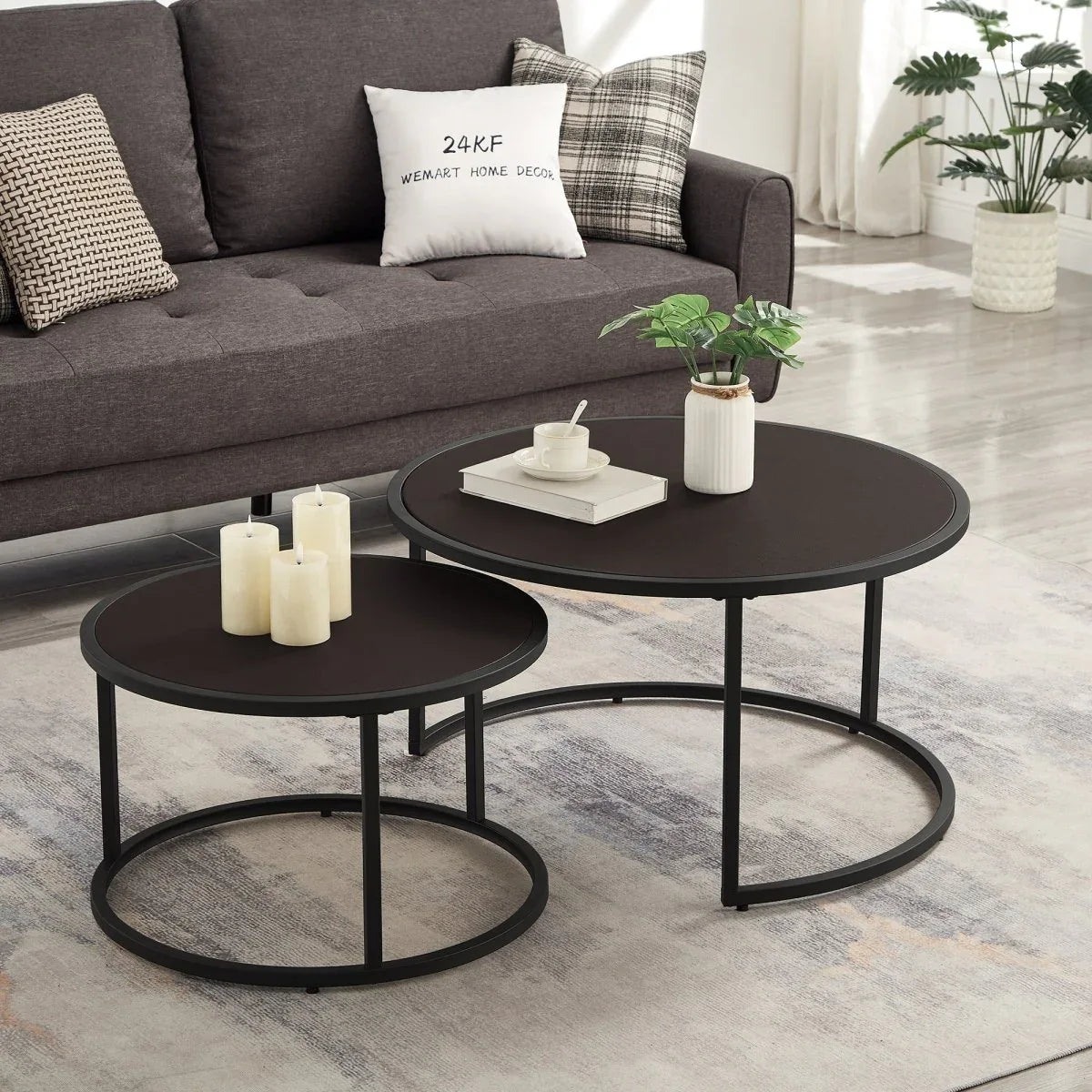 Modern Faux Leather Nesting Round Coffee Table Set Of 2 - Omega Lifestyles